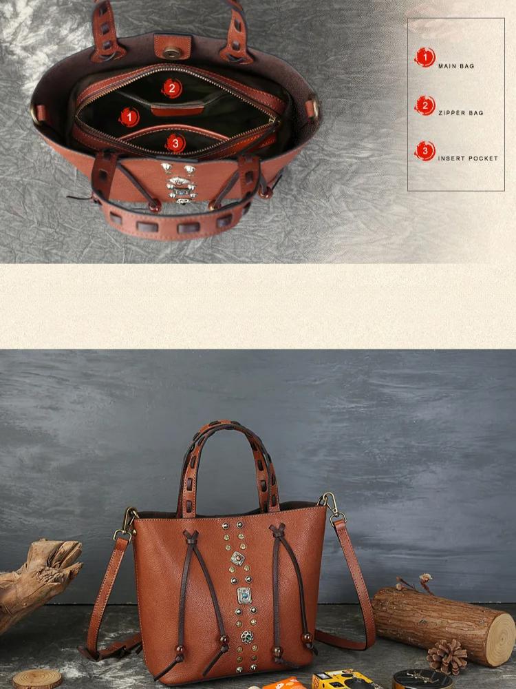 Johnature Cowhide Woven Handbag Genuine Leather Women's Bag Retro Rivet Large Capacity Shoulder Bags