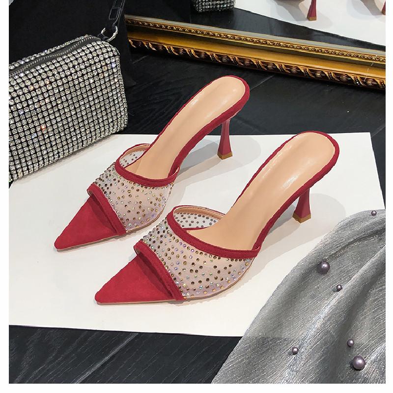 Fashion High Heeled Fish Mouth Slippers Female 2024 Mesh Rhinestone Pointed Head Fashion Open Toe Fine Heeled Versatile Zapatos Mujer
