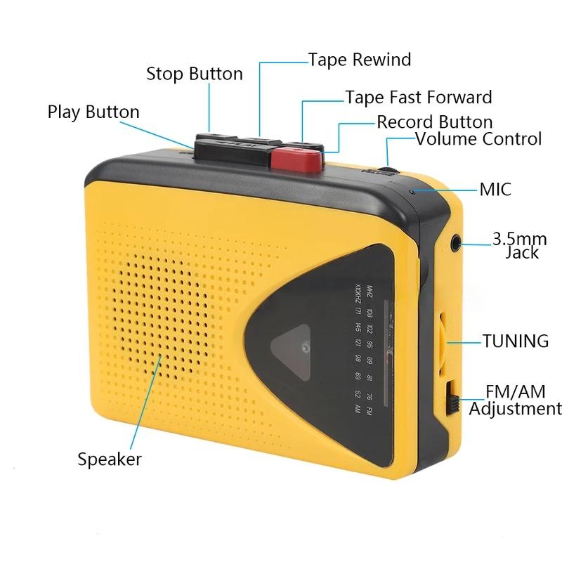 Přenosný kazetový přehrávač - Nahrává na pásku, AM/FM rádio, Stereo, s mikrofonem, reproduktorem a 3,5mm jackem