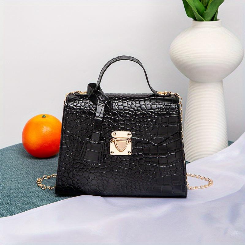 Chic Crocodile-Embossed Mini Handbag For Women - Trendy Solid Color, Fixed Strap, Twist Lock Closure, Polyester Lined