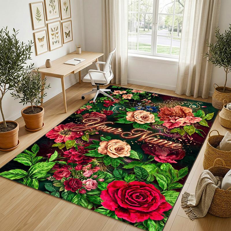 Floral Garden Theme Crystal Velvet Rug Personalized Custom Name Text Soft Floor Mat Home Decor