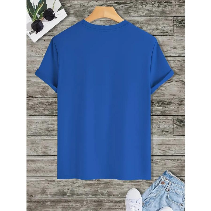 Men's Fishing Graphic T-Shirt - 100% Polyester Basic Crew Neck Tee, Slight Stretch, Solid Color, Summer Casual Knit Fabric Top