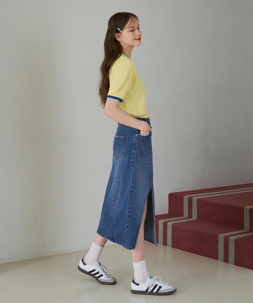 Deuloupisumeon Line Color Block Boucle Short Sleeve Knit [Lemon]