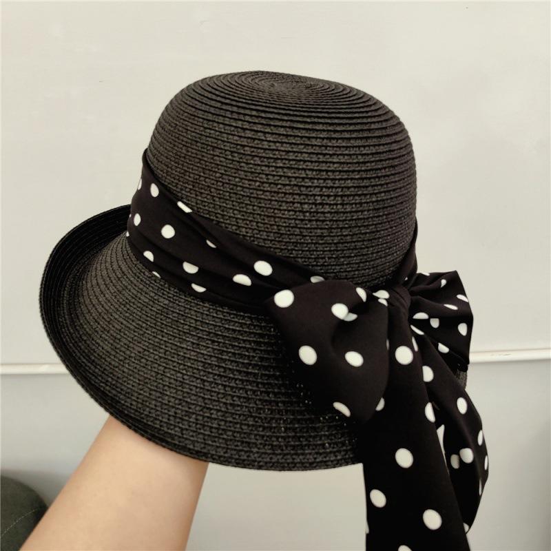 2026 Summer Women Straw Hat Dot Ribbon Pearl Flat Top Wide Brim Sun Hat Travel Beach Lady Panama Cap GIFT