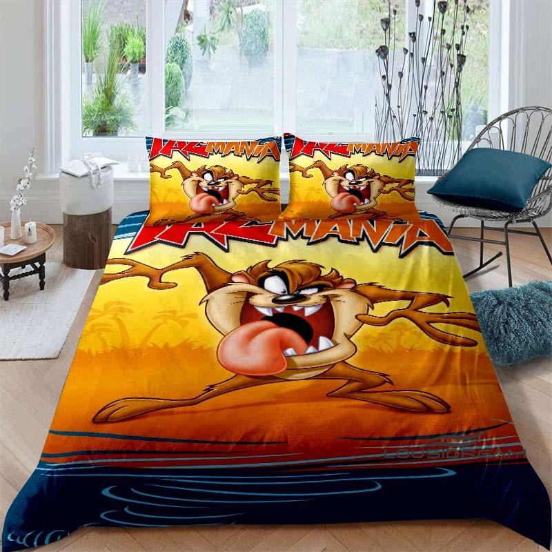 Cartoon T-Tasmanian Devil bedding set, printed single duvet cover and pillowcase three-piece set, children's and adult sizes.002