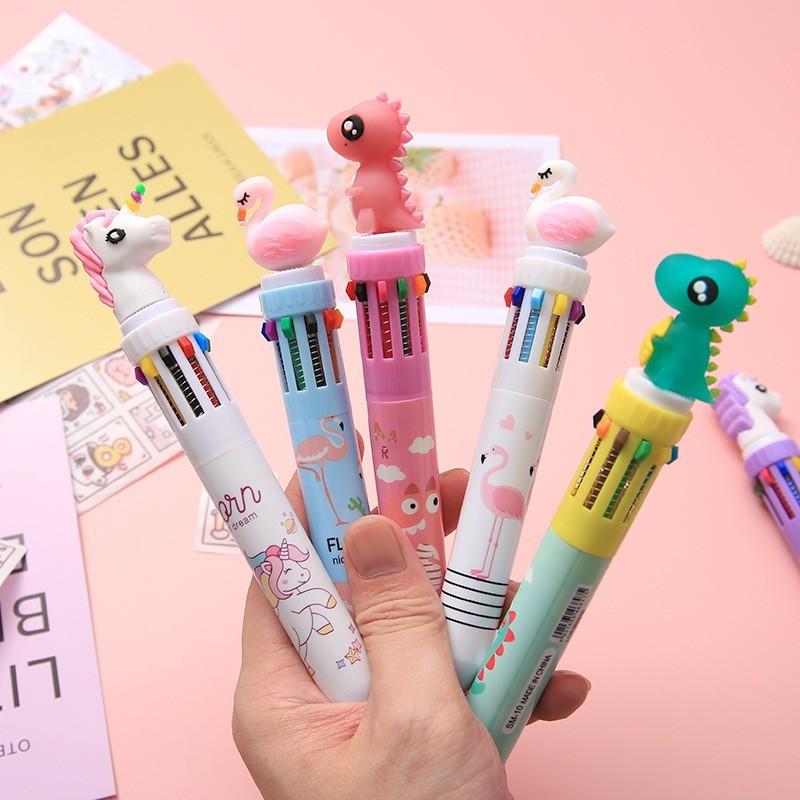 10 Farben Kugelschreiber, niedliches Einhorn, Cartoon-Dinosaurier, Farbe, einziehbarer Stift, mehrfarbig in 1