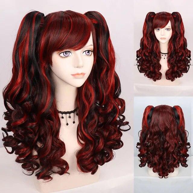 Cosplay Wig Synthetic Long Colored Curly Girls Lolita Cosplay Wig With Double Ponytails & 1pc Wig Cap
