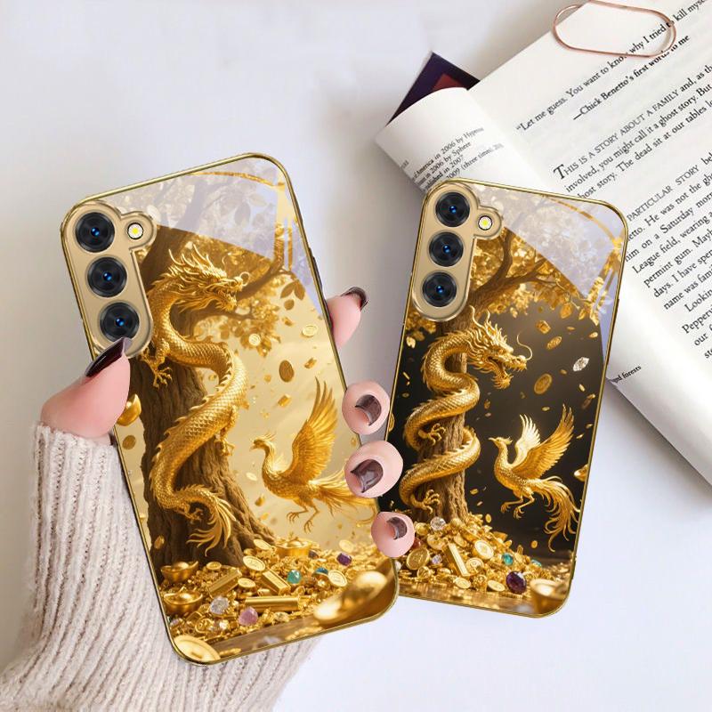 Golden Dragon Coiling For Samsung Galaxy S20 FE S21 S22 S23 Plus S24 Ultra S25Ultra S21+ S9+ S22Plus Golden Glass Phone Case