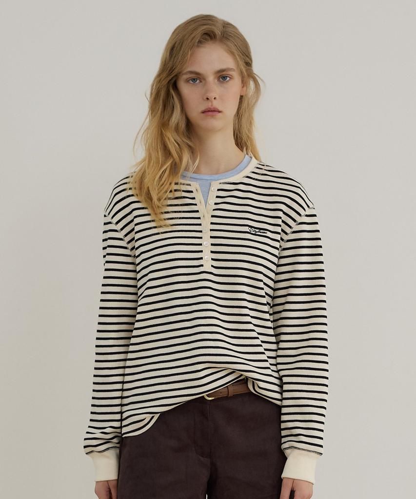 CITYBREEZE Striped Henley Neck Loose Fit T-Shirt_Black