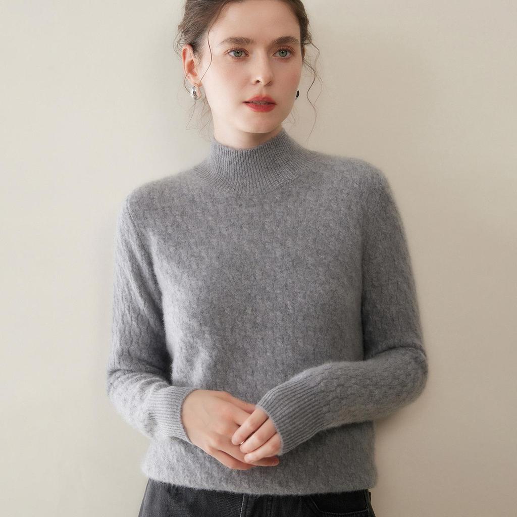 Women's Retro Cable Knit Cashmere Sweater: Autumn/Winter Half-High Collar, Thick, Loose Base Layer.