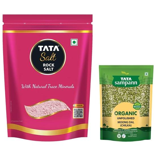 Tata Sampann Organic Moong Chilka Dal, 500 g & Tata Salt Rock Salt | Premium Sendha Namak | with Natural Trace Minerals | 1kg Pouch