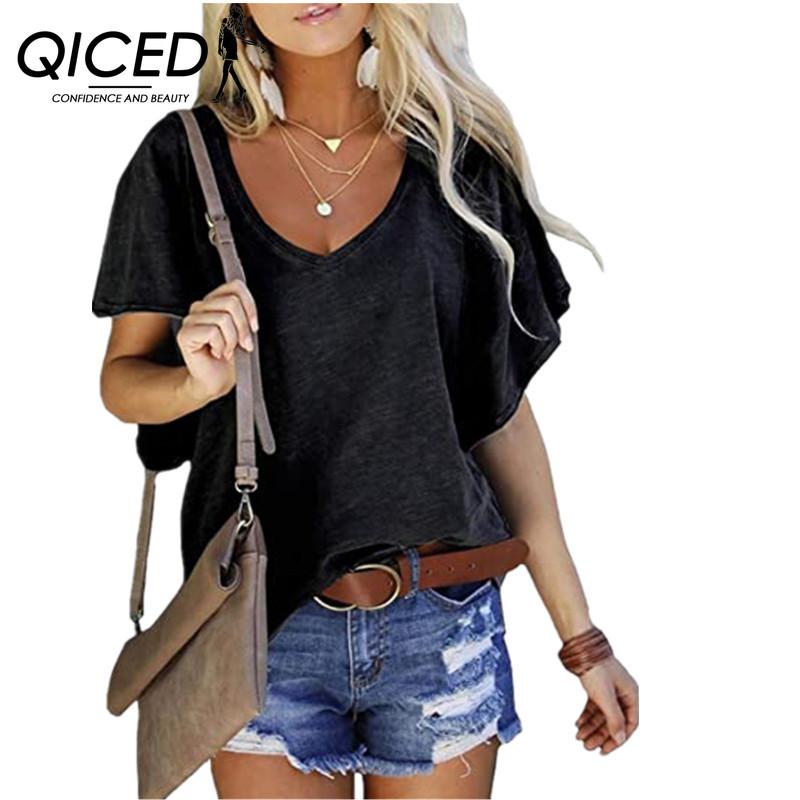 QICED Spring and Summer Women's Solid Color Lotus Sleeve Loose V-neck Short-sleeved Top T-shirt Woman