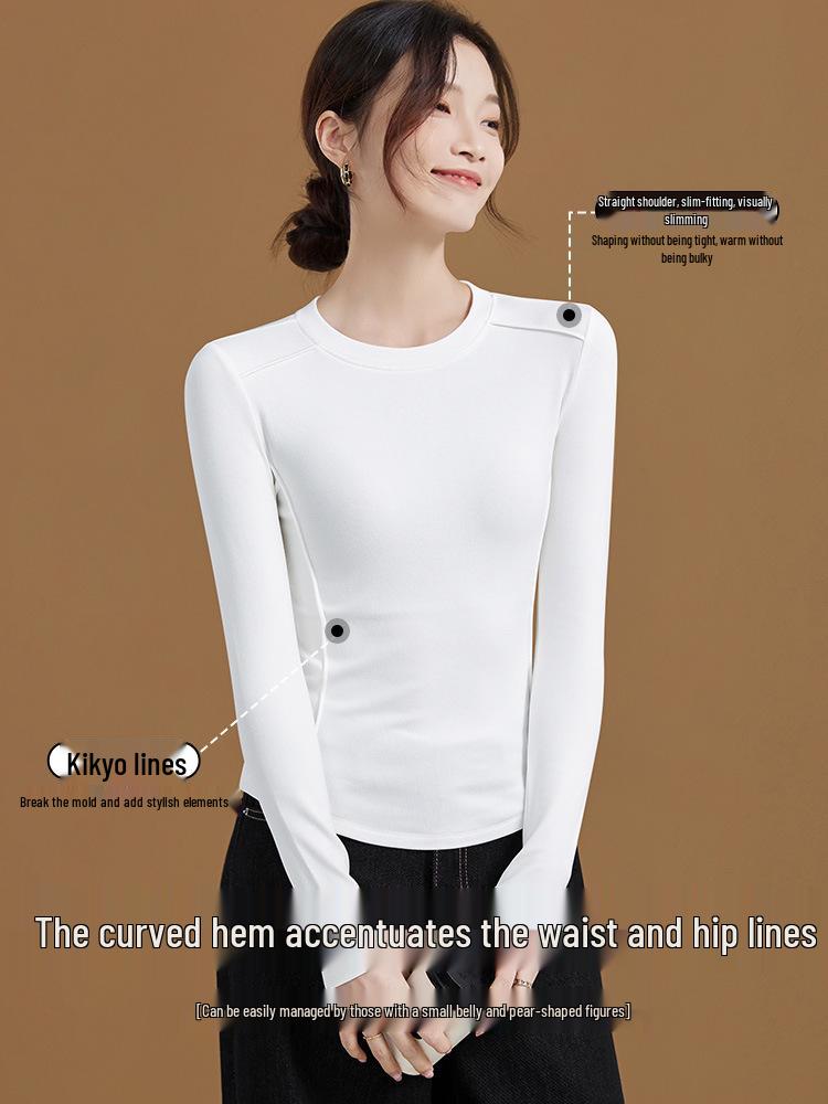 Women's Slimming Long Sleeve Velvet-Lined Base Layer Shirt - Autumn/Winter Fashion Round Neck Top