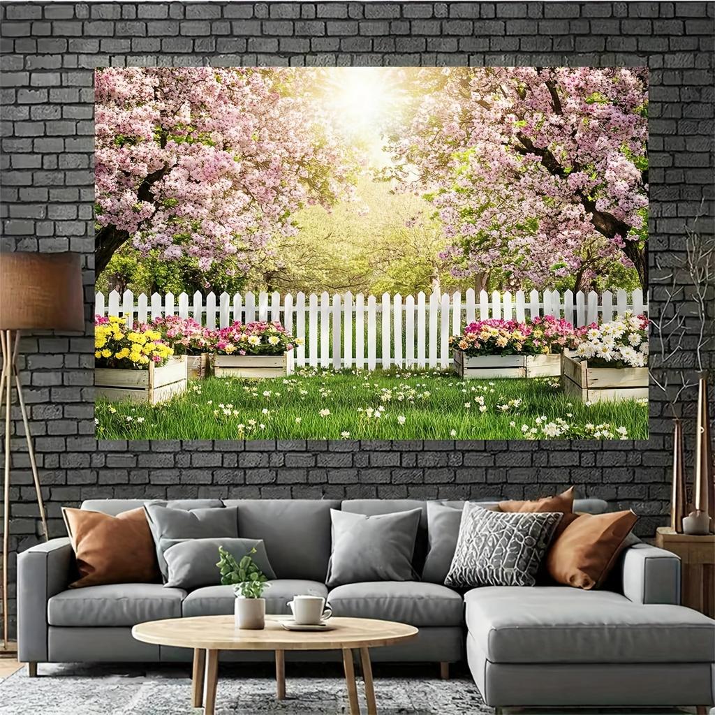 Achtergrondbanner vrolijke lentebloemen hekpatroon achtergronddoek geschikt voor binnen- en buitendecoratie
