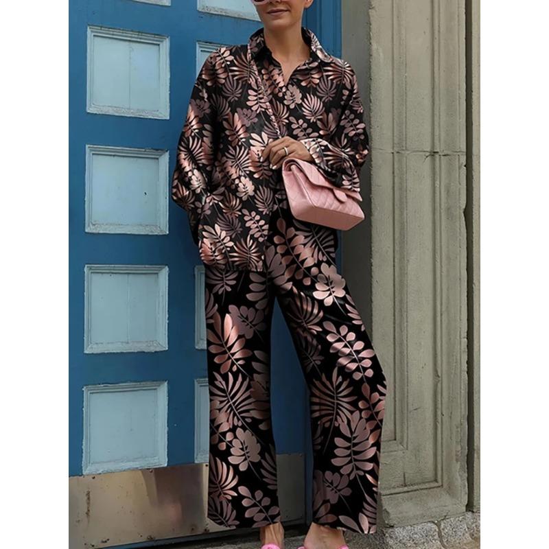 Spring New Loose Retro Print Pajamas Set Women's Pajamas Pajamas 2 Pieces Long Sleeve Plus Size Pajamas Sportswear