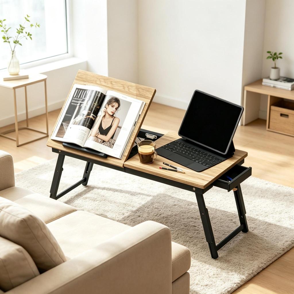 Laptop-Tisch mit Höhen- und Winkelverstellung, Klapptisch mit Neigungsfunktion und Schublade, Multifunktionaler Betttisch (nur mit 1 Stück Nachttisch)