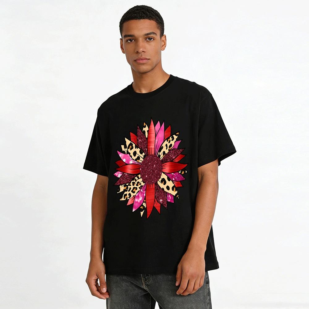 Leopard Print Glitter Floral Graphic Casual Tee for Women Pure Cotton T-shirt