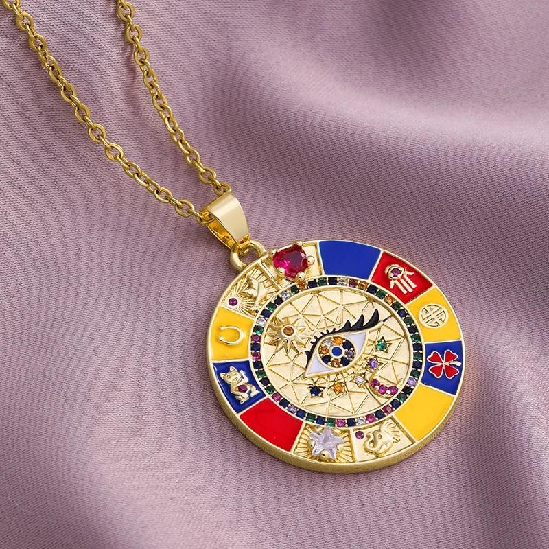 Turkish Lucky Evil Eye Necklace Men Women Gold Color Enamel Drip Oil CZ Pendant Fashion Stainless Steel Chain Necklace Jewelry