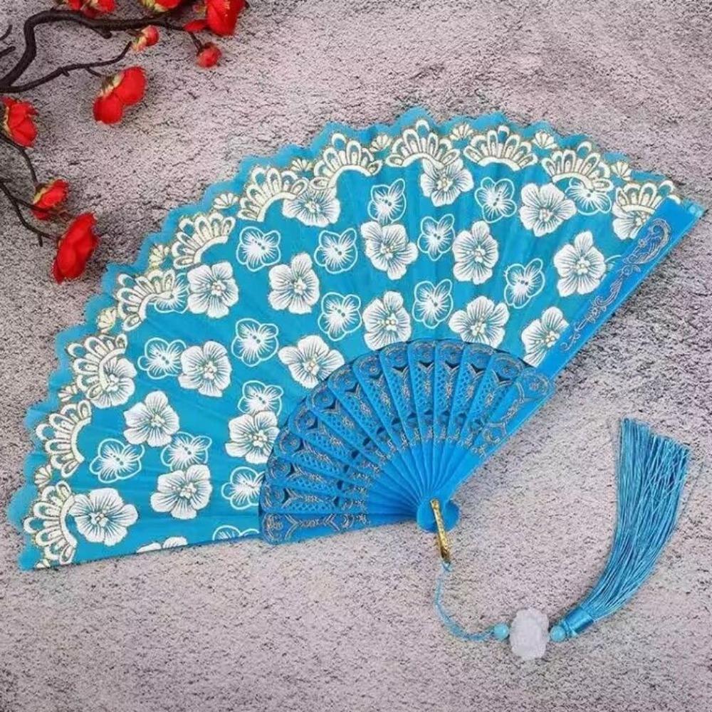 Hanfu Fan Flower Pattern Chinese Folding Fan Traditional Vintage Handheld Fan with Tassel Portable Dance Fan Gifts
