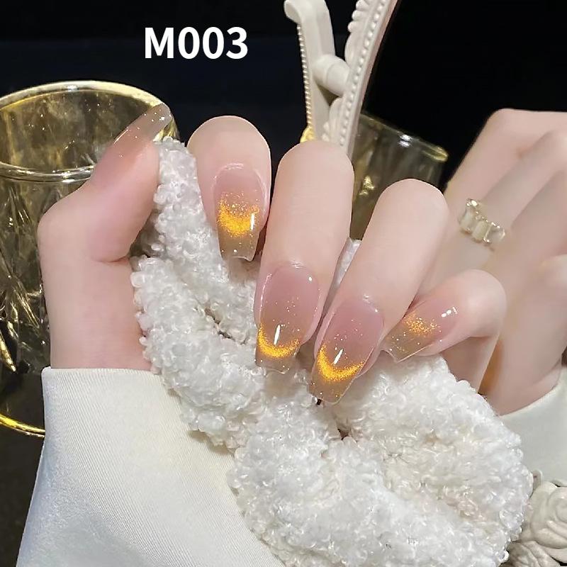 24 piezas de uñas hechas a mano, uñas postizas, hielo transparente, sueño, aguamarina, estrella, diamantes triturados dinámicos, piezas de uñas de ojo de gato, uñas postizas terminadas, 15 estilos