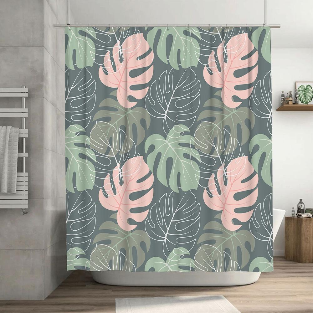 Minimalist Modern Bathroom Decor Shower Curtain With Palm Leaves Print In Green Pink Colors Home Decor For Bathrooms Size: 72 X
