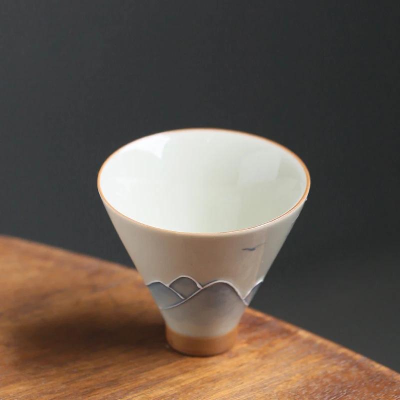 Hand-Painted Landscape Ceramic Tea Cup, Plant Ash Glaze & Underglaze Color, Bamboo Hat Design for Gongfu Tea Ceremony Home Decor