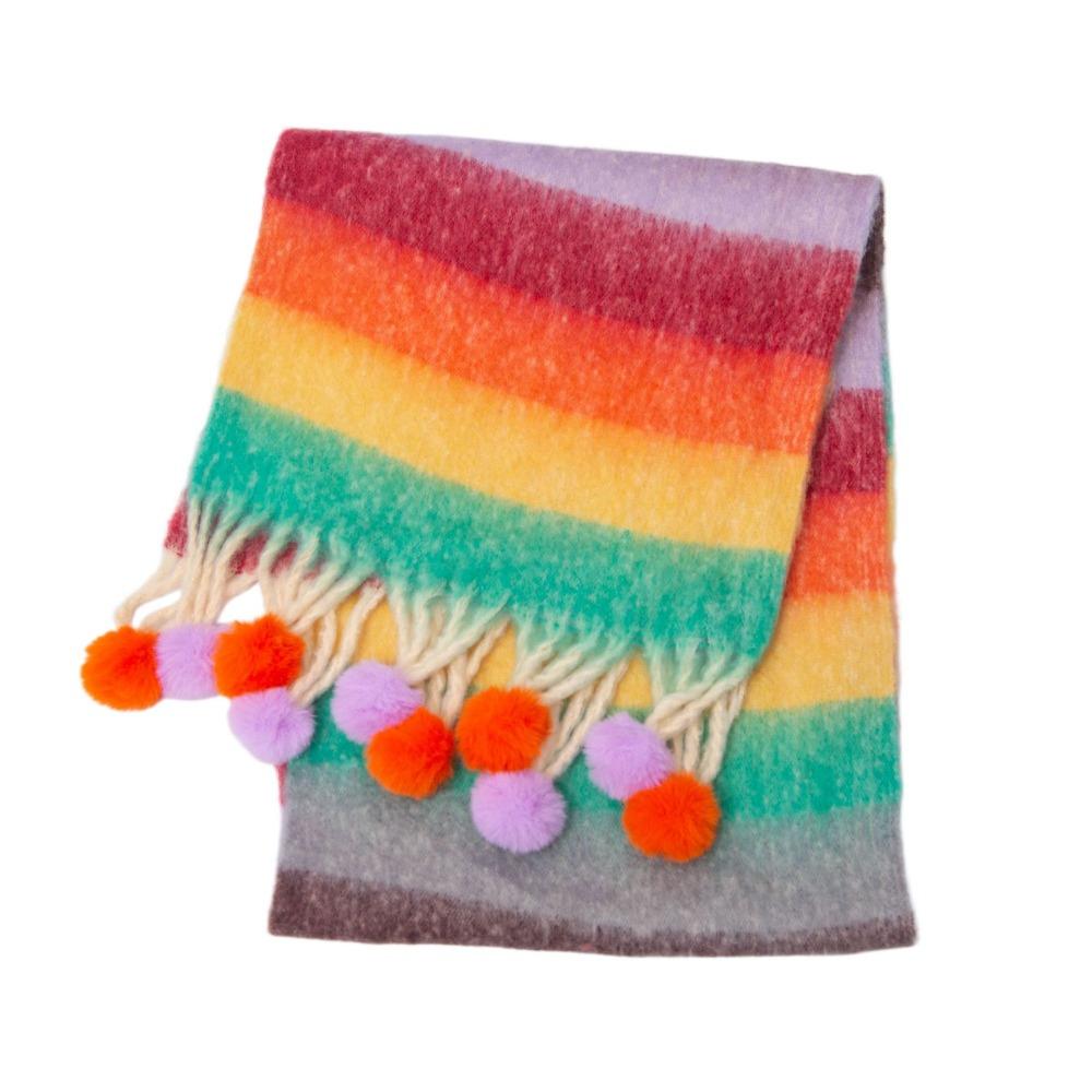 Mohair Rainbow Tassel Shawl Rabbit Fur Ball Women Cape Retro Plaid Wool Scarf Student