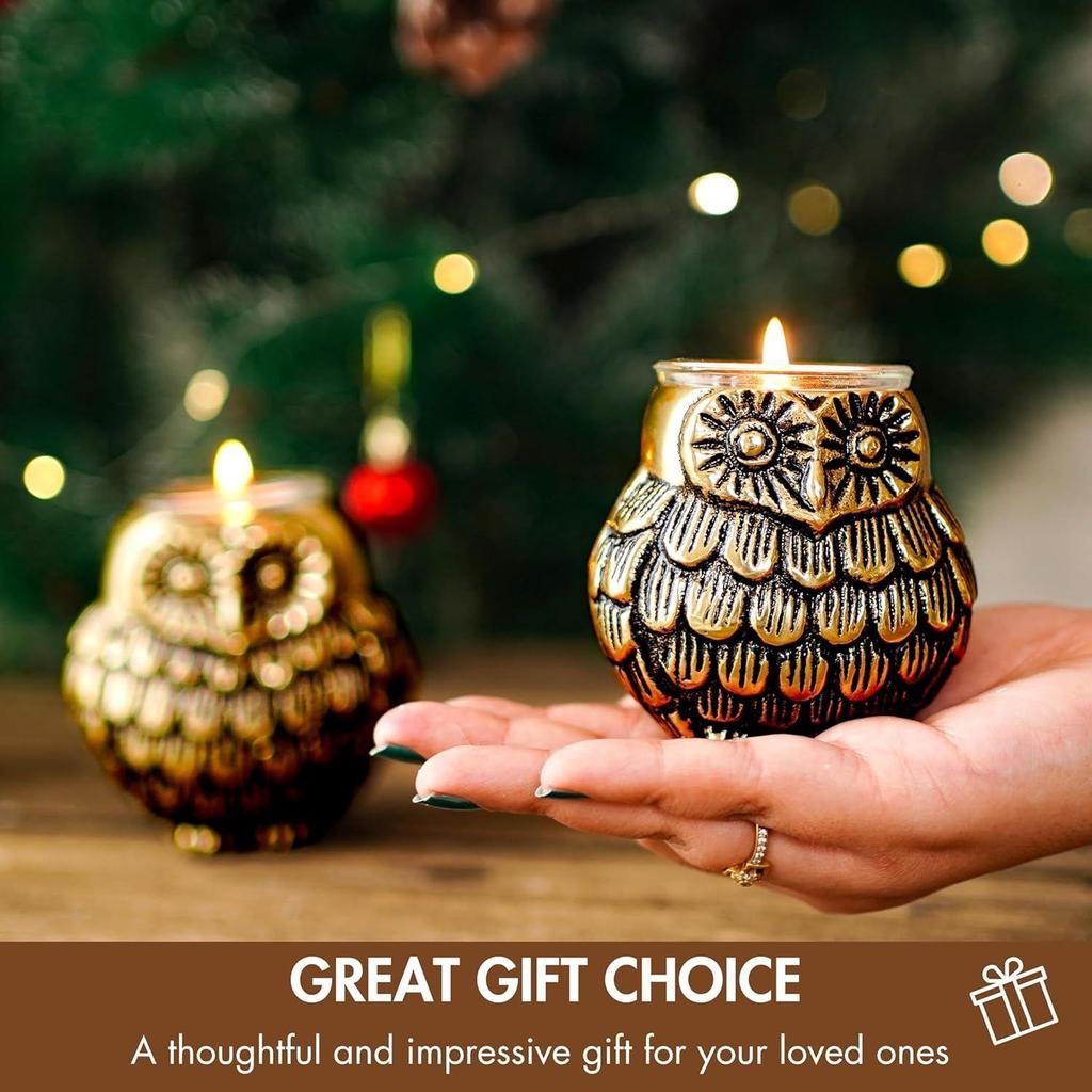 New Aluminium Pair of Owls with Votives for Good Luck and Love | Statue for Home Decor Tabletop Living | Candle Holder Gift Showpiece Set of 2