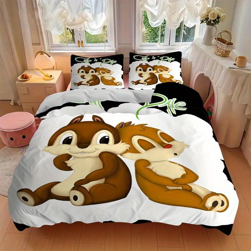 3pcs Cute Chip 'n' Dale Quilt Set Soft and Comfortable Bedroom, Guest Room and Dorm Decor Bedding Set 1 Quilt Cover + 2 Pillowcases.S029