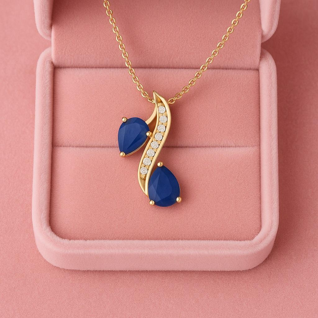 Pingente Safira Azul Design Onda Dupla Gota - Prata Esterlina 925