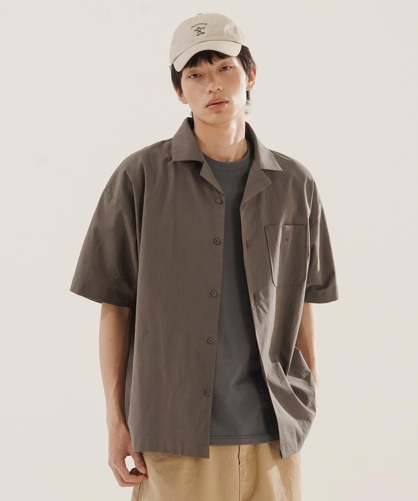 JEMUT Open Collar Linen-Like Short Sleeve Shirt Brown Kjss2622