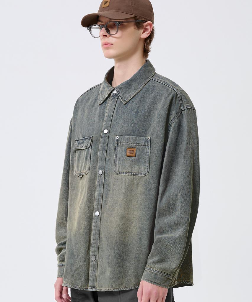 TRILLION Leather Patch Oversized Work Denim Long Sleeve Shirt_Sand Blue