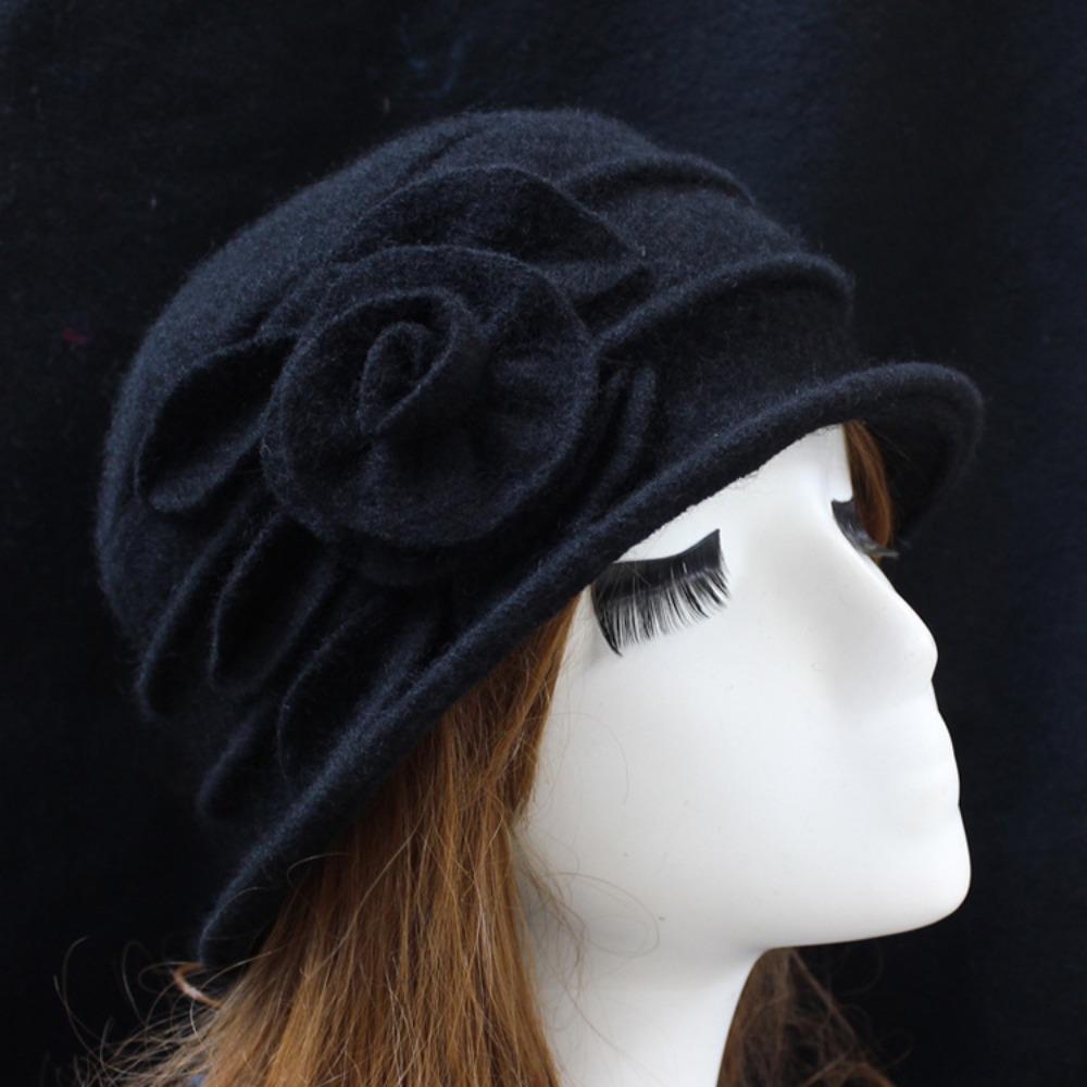 Hot Cloche Bucket Church Hat French Wool Winter Beret Hat 56-58cm 3D Floral Fleece Winter Cap for Women