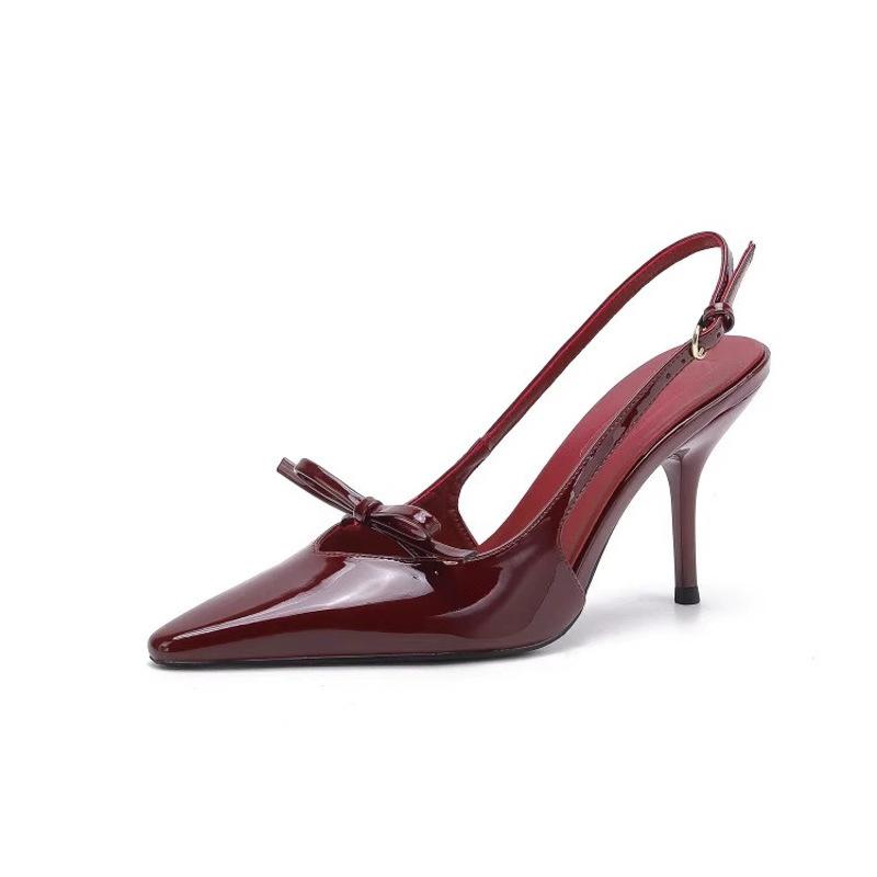 2025 Summer NewFrench Wine Red Pointed Patent Leather Bow Mid-heel Overhead Sandals for Women Retro Skinny Heel Back Empty Shoes