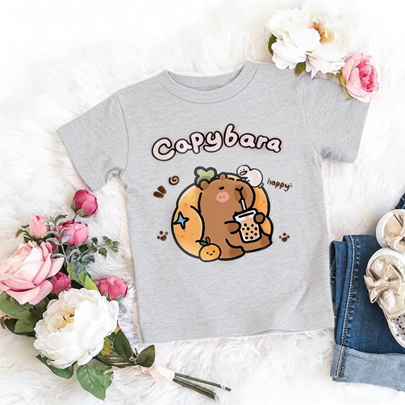 Girls Trendy Capybara Letter Print Design T Shirts Kids Children's T-shirt Boys Girls Summer Spring Casual Tops Tee