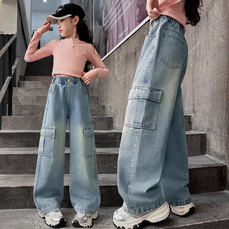Girls Cargo Demin Pants Kids Casual Wide-legged Jeans Teenagers Fashion Streetwear Baggy Trousers Children Clothes 5-14 Years
