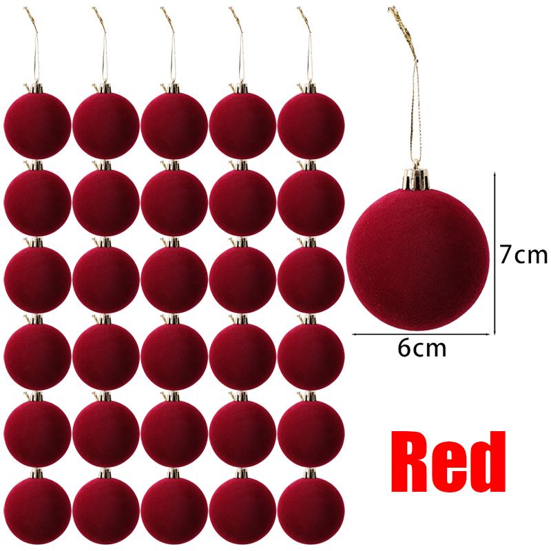 30/1pcs Wine Red Velvet Christmas Balls Flocked Xmas Ball Xmas Tree Hanging Pendents Navidad Festival Party Home Decor Supplies