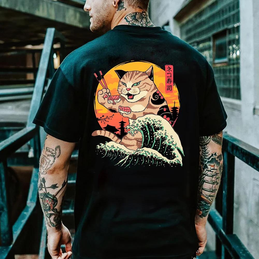 Cartoon Anime Clothes Cat Printed T Shirt for Men Outdoor Hip Hop Harajuku Vintage Casual O-neck Loose Short Sleeve Tees