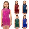 Girls Performance Dress Sleeveless Cutout Back, Sheer Mesh Patchwork High-Low Hem with Shiny Rhinestones for Lyrical Dance