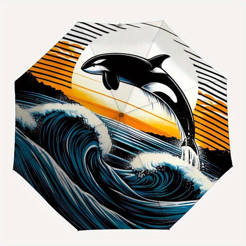 1pc Whale Waves Auto Open/close, All-Season Portable Folding Umbrella for Women & Men, Travel, Everyday, Formal Events - Compact Luxury Parasol, Outdo