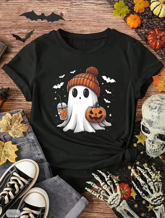Módne Dámske Retro Kreatívne Tričko s Potlačou Ducha Vtipné Bežné Tričko s Okrúhlym Výstrihom a Krátkymi Rukávmi Letné Dámske Tričko Halloween Limitovaná Edícia