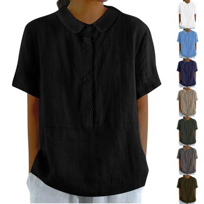 Women's Summer Linen Doll Collar Short Sleeve Loose Solid Color Shirt Casual Button Patchwork Blouse