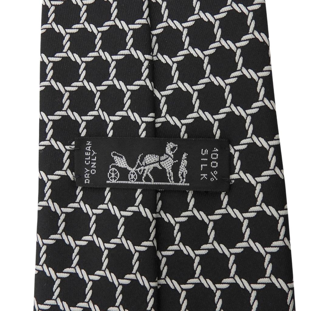 Excellent HERMES Tie Rope Pattern Black Silk Mens 7491 IA Used