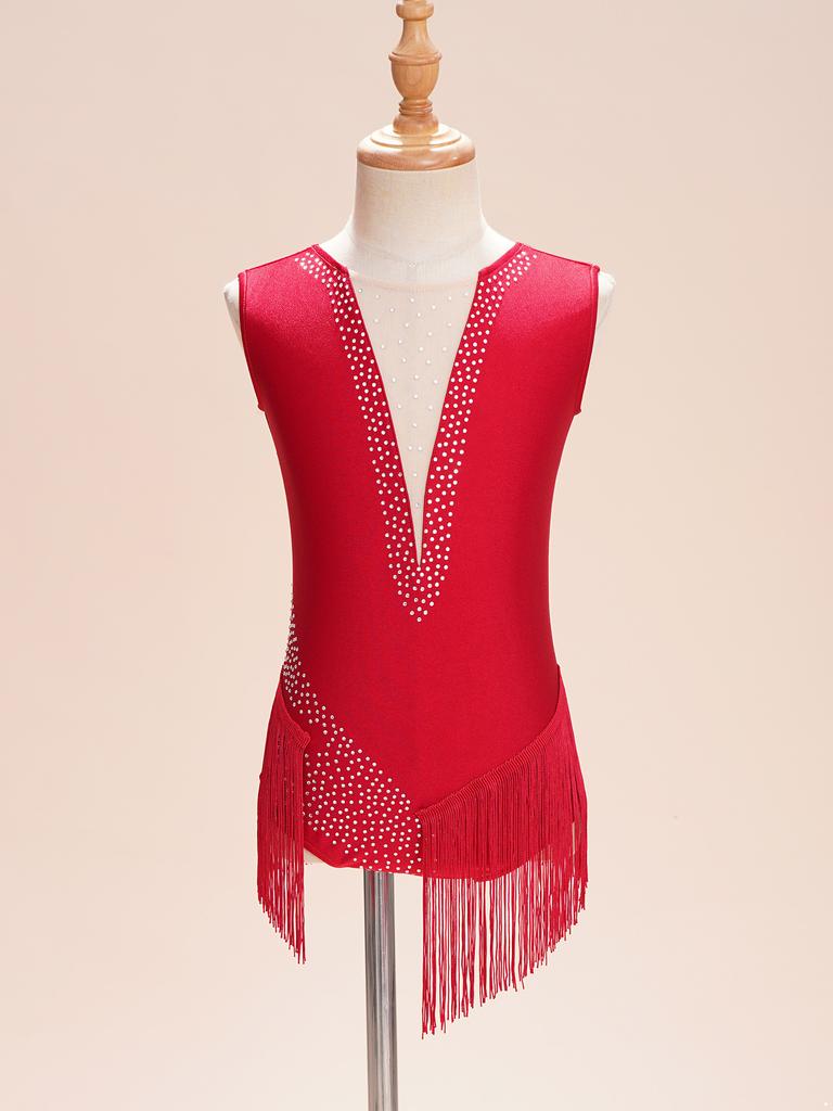 Kids Rhythmic Gymnastics Costume Sparkly Tassel Leotard for Dance Performances