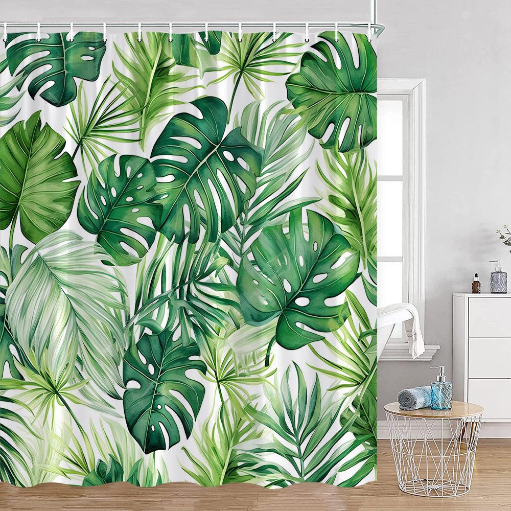Tropical Leaves Shower Curtain Green Leaf Monstera Palm Flowers Floral Bathroom Curtains Greenery Bath Decoration with Hooks