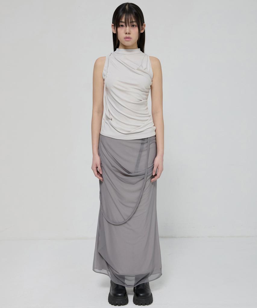 Peulleeoeob Draped Mesh Layered Long Skirt (Fl-264_Gray)
