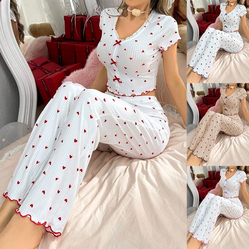 Women's Heart Print V-Neck Long-Sleeve Pajama Set with Long Pants – Wearable As Outerwear