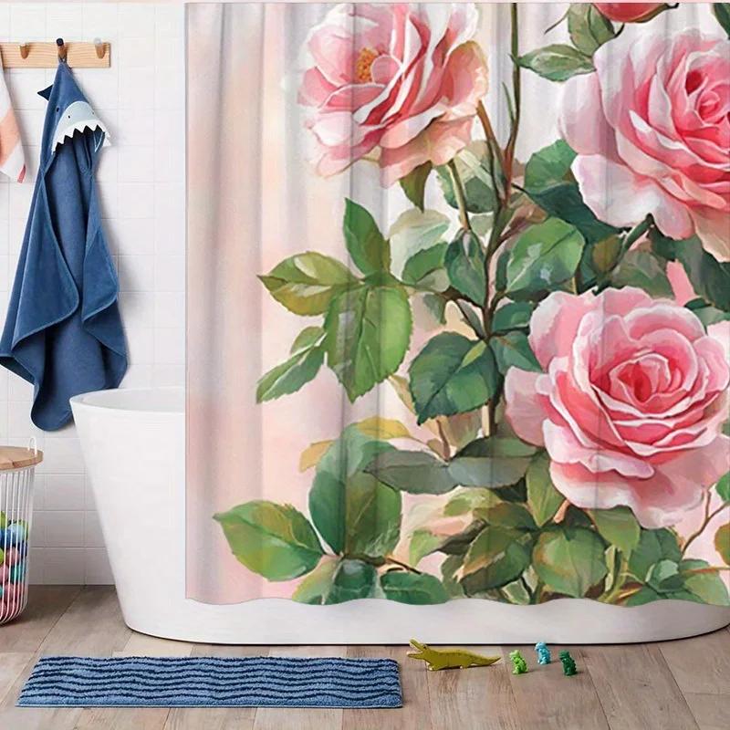 1pc Romantic Pink Roses Shower Curtain - Green Leaves, Polyester, 12 Hooks, Washable & Durable