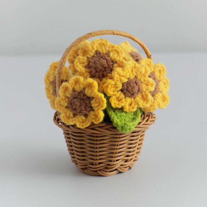 Creative Knitted Sunflowers Pot Artificial Flowers Finished Hand Woven Plant For Office Desktop Decoration Mini Wedding Ornament