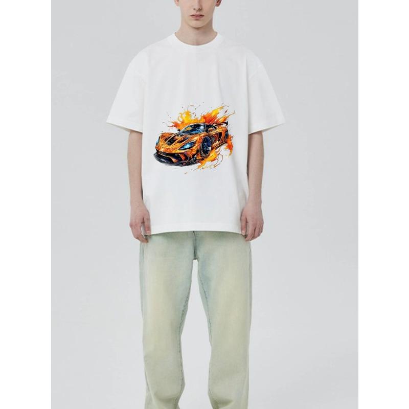 Black T Shirt with Flame Racing Car Print for Casual Wear